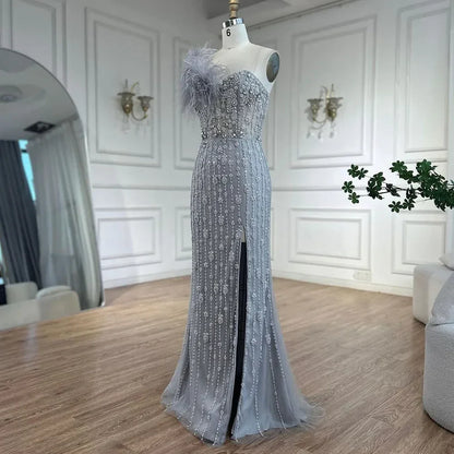 Serene Hill Gray Mermaid One Shoulder High Split Beaded Feather Luxury Evening Dresses Gowns For Women Party 2025 LA72347