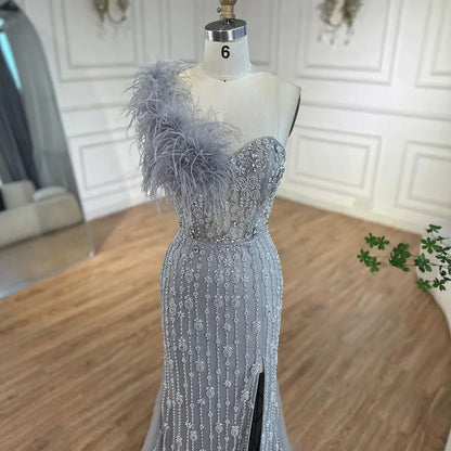 Serene Hill Gray Mermaid One Shoulder High Split Beaded Feather Luxury Evening Dresses Gowns For Women Party 2025 LA72347