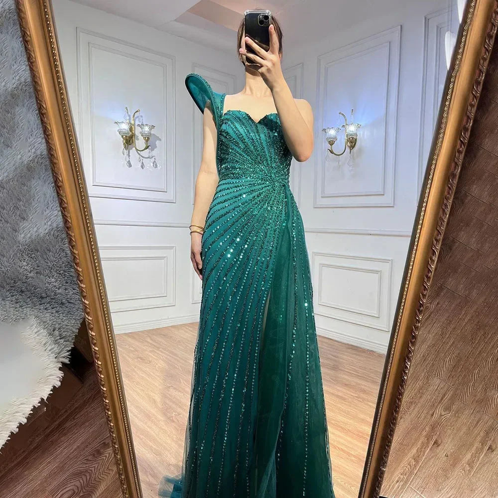 Luxury Dubai  Green Mermaid High Split One Shoulder Beaded Evening Dresses Gowns For  Wedding Party  LA71779