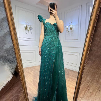Luxury Dubai  Green Mermaid High Split One Shoulder Beaded Evening Dresses Gowns For  Wedding Party  LA71779