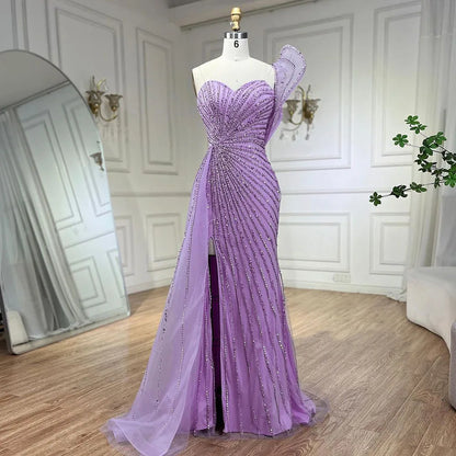Luxury Dubai  Green Mermaid High Split One Shoulder Beaded Evening Dresses Gowns For  Wedding Party  LA71779