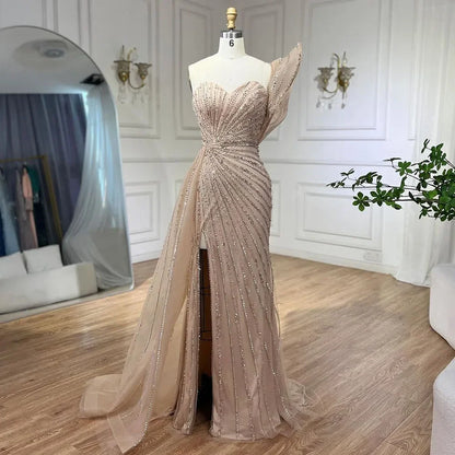 Luxury Dubai  Green Mermaid High Split One Shoulder Beaded Evening Dresses Gowns For  Wedding Party  LA71779