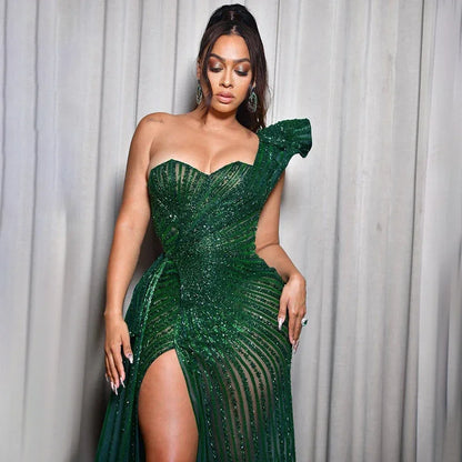 Luxury Dubai  Green Mermaid High Split One Shoulder Beaded Evening Dresses Gowns For  Wedding Party  LA71779
