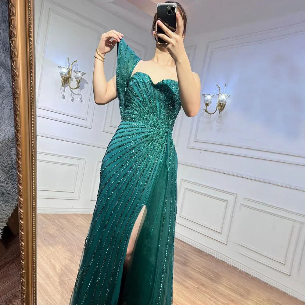 Luxury Dubai  Green Mermaid High Split One Shoulder Beaded Evening Dresses Gowns For  Wedding Party  LA71779