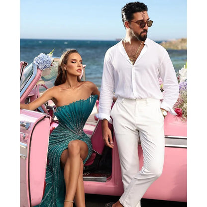Serene Hill Green Mermaid Sexy High Split Off Shoulder Beaded Luxury Dubai Evening Dresses Gowns 2025 For Women Party LA72049