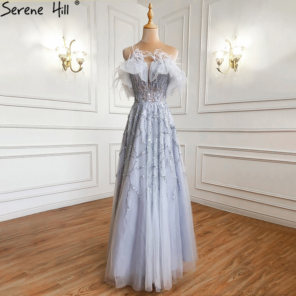 Luxury Turquoise Beaded Feather A Line Evening Dress LA71328