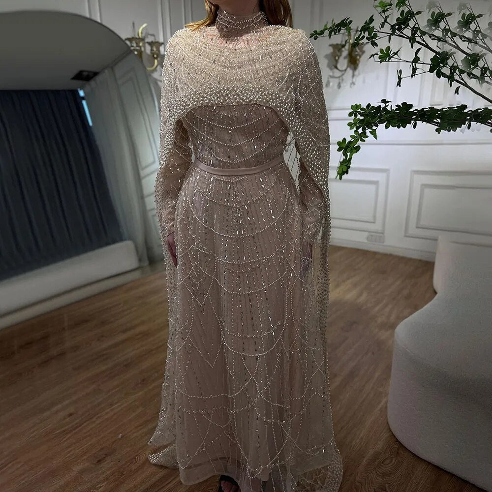 Luxury Modest Sage Green Evening Dress with Pearls LA72032B