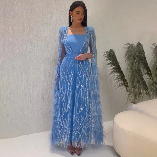 Serene Hill Ivory Mermaid Elegant Feathers Cape Sleeves Square Beaded Luxury Evening Dresses Gowns Caftan Marocain  LA71748