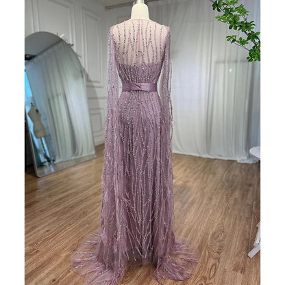 Serene Hill Ivory Mermaid Elegant Feathers Cape Sleeves Square Beaded Luxury Evening Dresses Gowns Caftan Marocain  LA71748