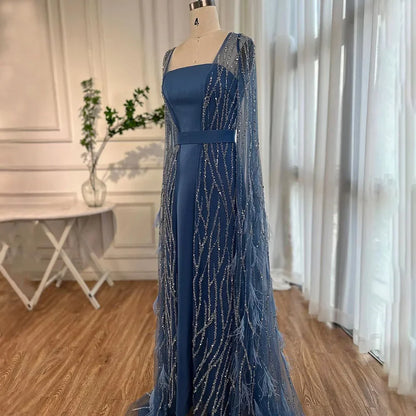 Serene Hill Ivory Mermaid Elegant Feathers Cape Sleeves Square Beaded Luxury Evening Dresses Gowns Caftan Marocain  LA71748