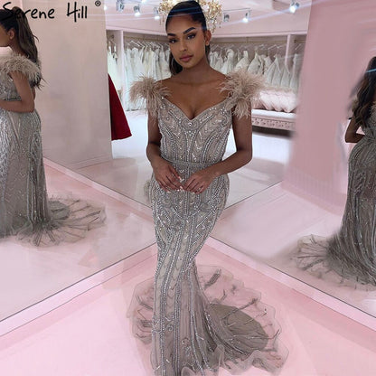Luxury Lilac Beaded Mermaid Evening Dress Gown with Feathers LA70830
