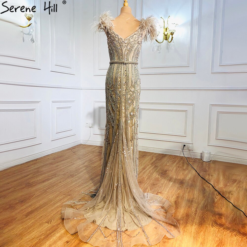 Luxury Lilac Beaded Mermaid Evening Dress Gown with Feathers LA70830