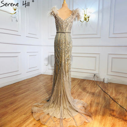 Luxury Lilac Beaded Mermaid Evening Dress Gown with Feathers LA70830