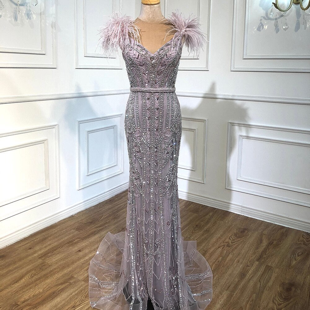 Luxury Lilac Beaded Mermaid Evening Dress Gown with Feathers LA70830