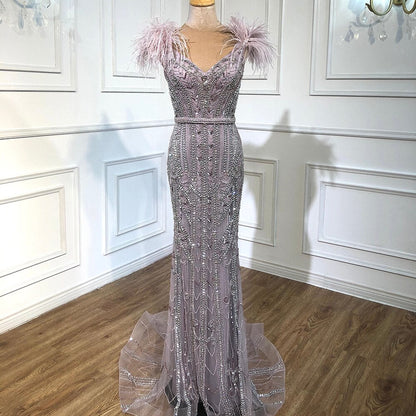 Luxury Lilac Beaded Mermaid Evening Dress Gown with Feathers LA70830