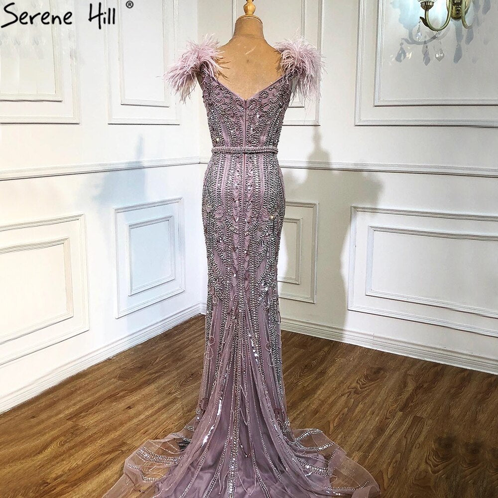 Luxury Lilac Beaded Mermaid Evening Dress Gown with Feathers LA70830