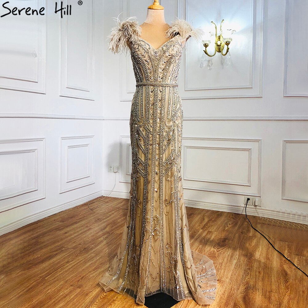 Luxury Lilac Beaded Mermaid Evening Dress Gown with Feathers LA70830