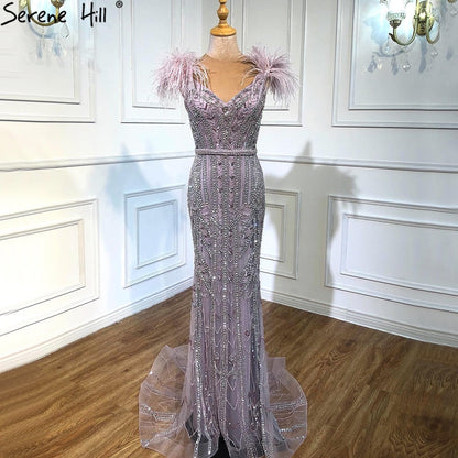 Luxury Lilac Beaded Mermaid Evening Dress Gown with Feathers LA70830