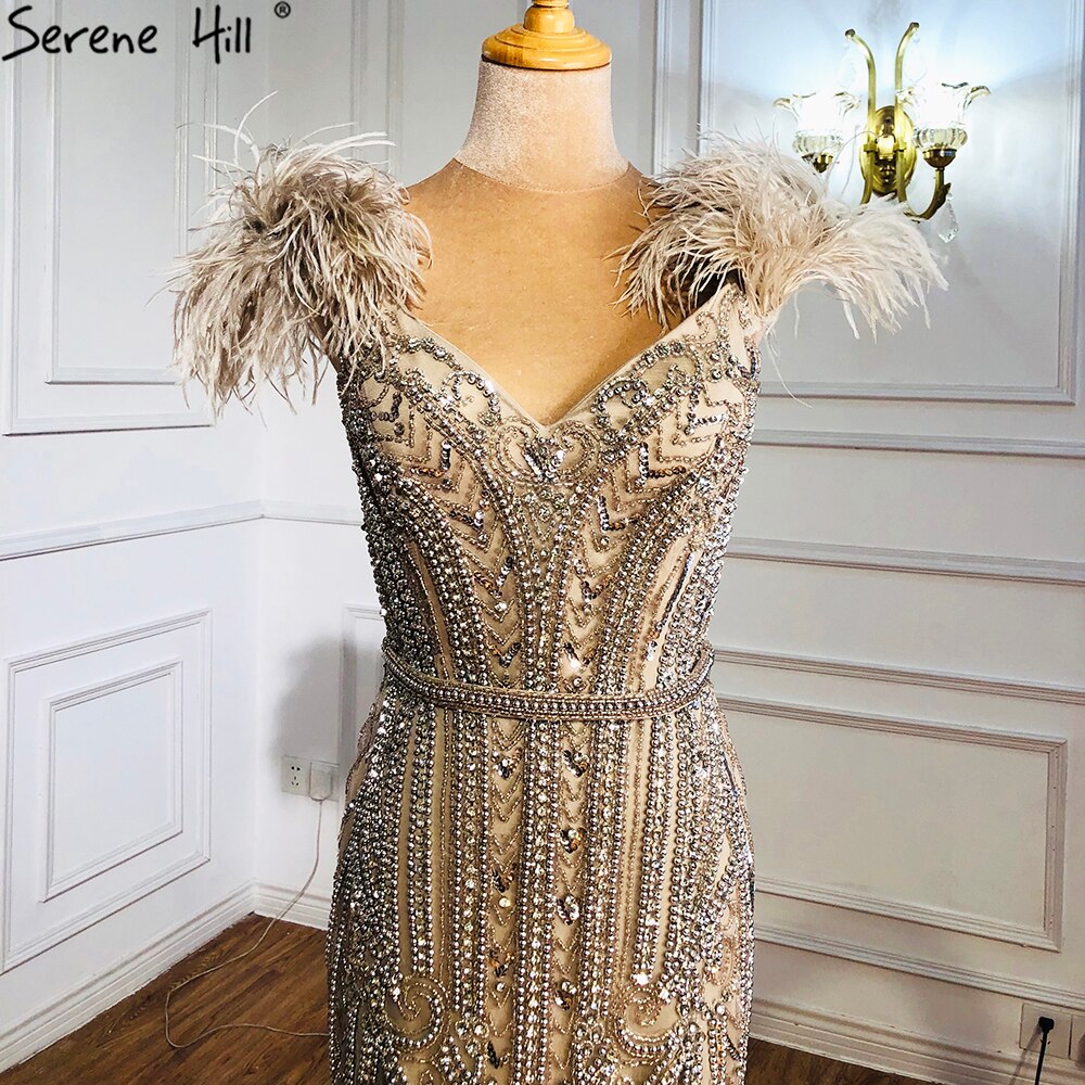 Luxury Lilac Beaded Mermaid Evening Dress Gown with Feathers LA70830