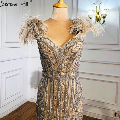 Luxury Lilac Beaded Mermaid Evening Dress Gown with Feathers LA70830