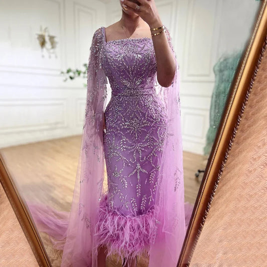 Dubai Luxury Feathers Lilac Evening Dress with Cape Sleeves LA71841