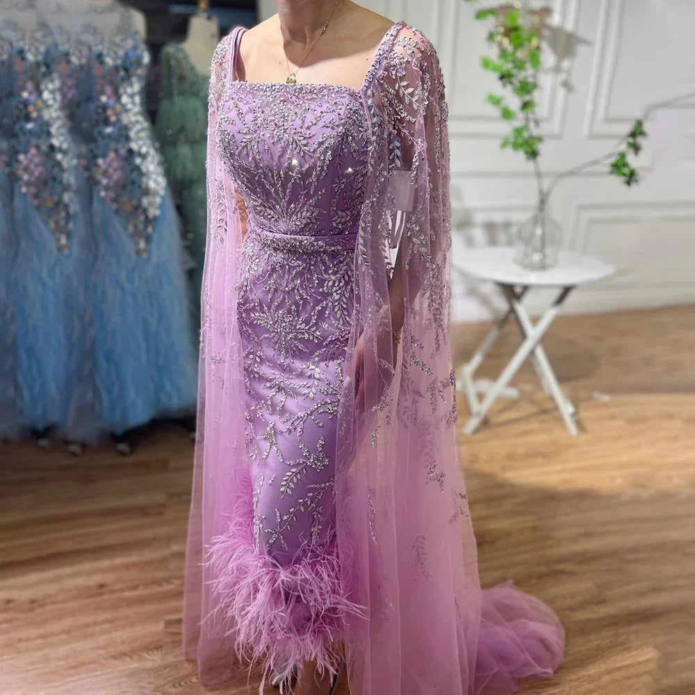 Dubai Luxury Feathers Lilac Evening Dress with Cape Sleeves LA71841
