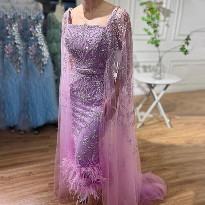 Dubai Luxury Feathers Lilac Evening Dress with Cape Sleeves LA71841