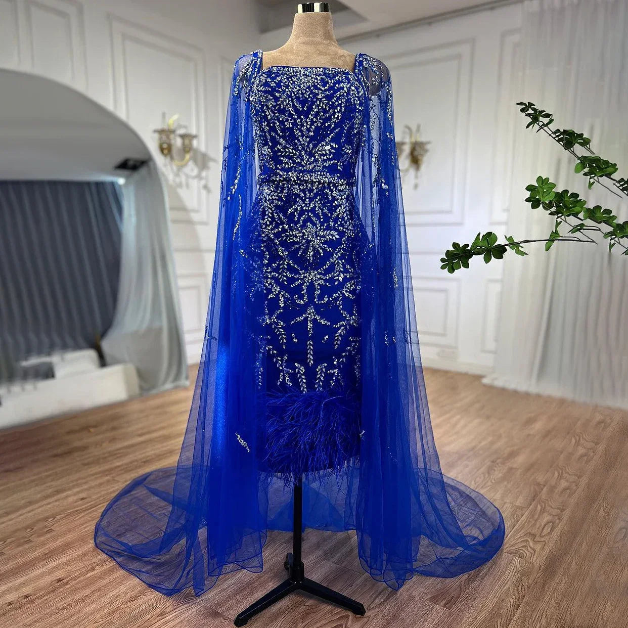 Dubai Luxury Feathers Lilac Evening Dress with Cape Sleeves LA71841