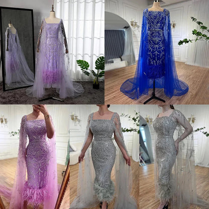 Dubai Luxury Feathers Lilac Evening Dress with Cape Sleeves LA71841