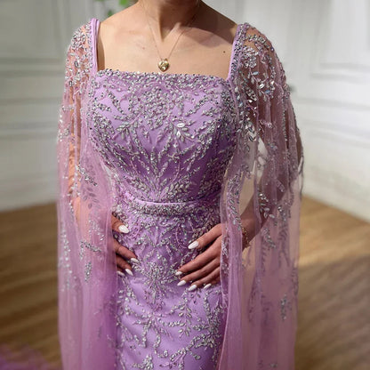 Dubai Luxury Feathers Lilac Evening Dress with Cape Sleeves LA71841