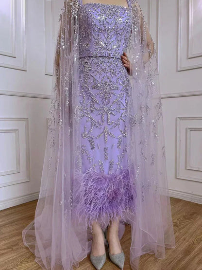 Dubai Luxury Feathers Lilac Evening Dress with Cape Sleeves LA71841