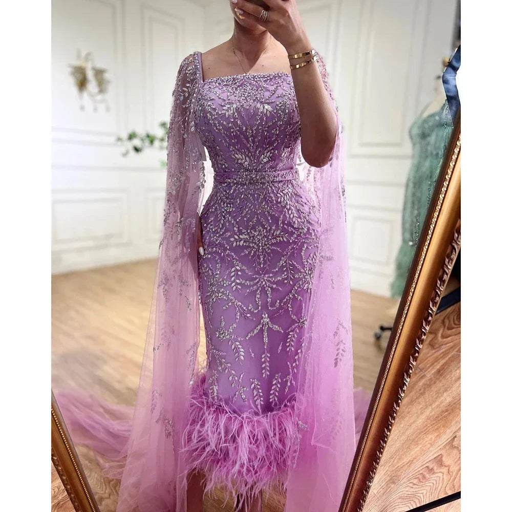Dubai Luxury Feathers Lilac Evening Dress with Cape Sleeves LA71841