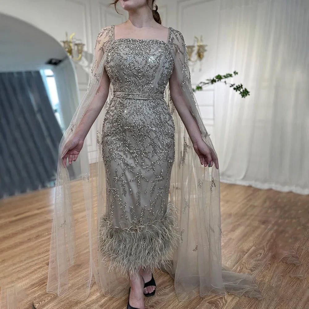 Dubai Luxury Feathers Lilac Evening Dress with Cape Sleeves LA71841