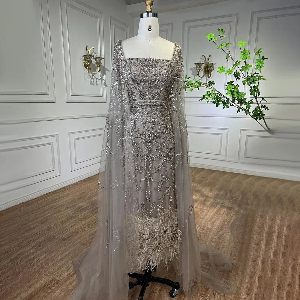 Dubai Luxury Feathers Lilac Evening Dress with Cape Sleeves LA71841