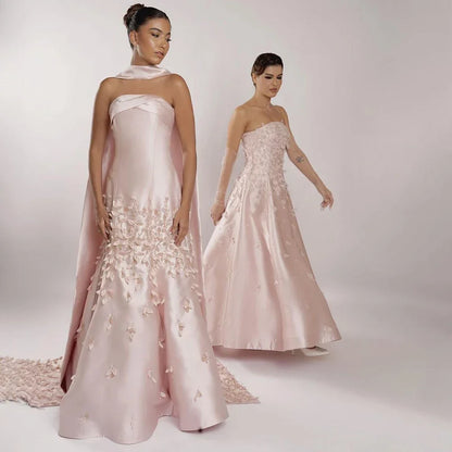 Luxury Dubai Luxury Peach  Satin Mermaid Evening Dress with Cape Saudi Arabic for Formal Occasion  LA72483A