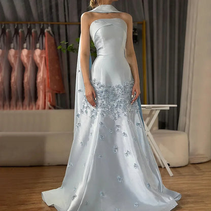 Luxury Dubai Luxury Peach  Satin Mermaid Evening Dress with Cape Saudi Arabic for Formal Occasion  LA72483A