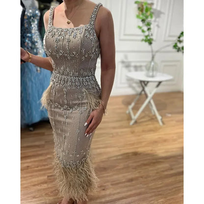 Luxury Blue Lace Midi Evening Dress with Crystals and Feathers LA71492A