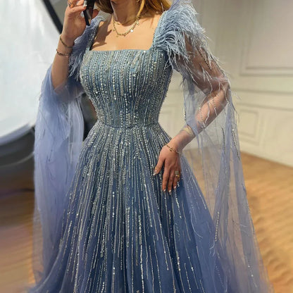 Blue Luxury Feathers Arabic Evening Dresses with Cape LA72236