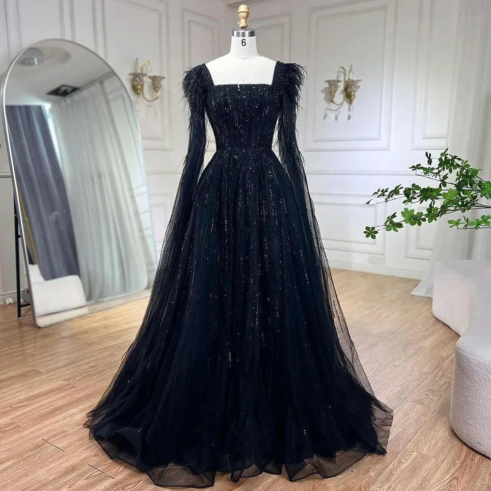 Blue Luxury Feathers Arabic Evening Dresses with Cape LA72236