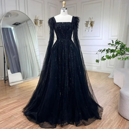 Blue Luxury Feathers Arabic Evening Dresses with Cape LA72236
