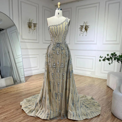 Serene Hill Luxury Dubai Arabia Nude Beaded One Shoulder Mermaid Elegant Evening Dresses Gowns For Woman Wedding Party LA71538