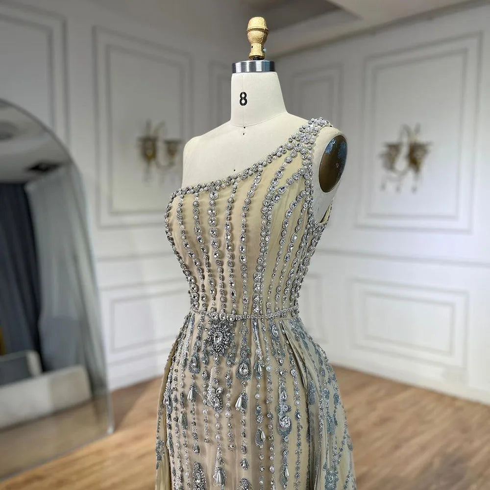 Serene Hill Luxury Dubai Arabia Nude Beaded One Shoulder Mermaid Elegant Evening Dresses Gowns For Woman Wedding Party LA71538