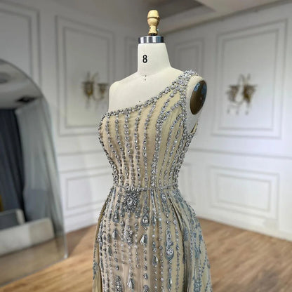Serene Hill Luxury Dubai Arabia Nude Beaded One Shoulder Mermaid Elegant Evening Dresses Gowns For Woman Wedding Party LA71538