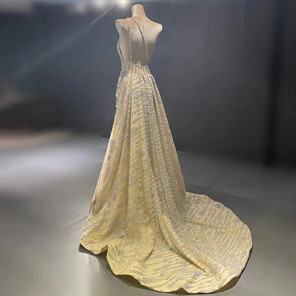 Serene Hill Luxury Dubai Arabia Nude Beaded One Shoulder Mermaid Elegant Evening Dresses Gowns For Woman Wedding Party LA71538