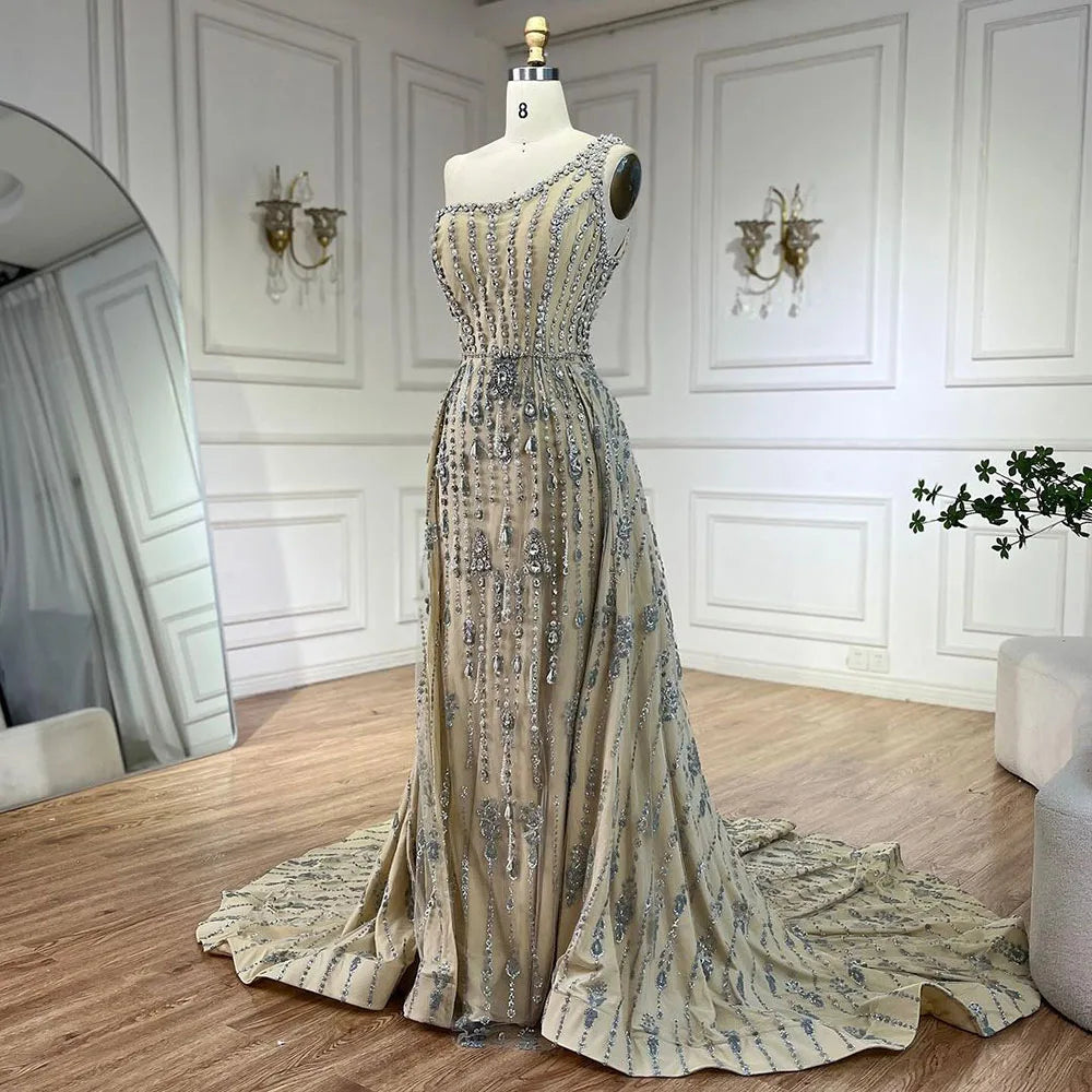 Serene Hill Luxury Dubai Arabia Nude Beaded One Shoulder Mermaid Elegant Evening Dresses Gowns For Woman Wedding Party LA71538