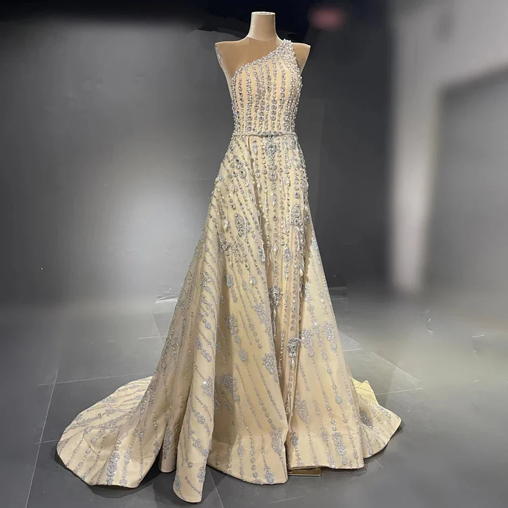 Serene Hill Luxury Dubai Arabia Nude Beaded One Shoulder Mermaid Elegant Evening Dresses Gowns For Woman Wedding Party LA71538