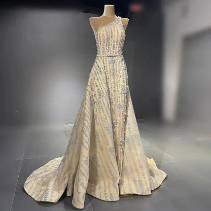 Serene Hill Luxury Dubai Arabia Nude Beaded One Shoulder Mermaid Elegant Evening Dresses Gowns For Woman Wedding Party LA71538