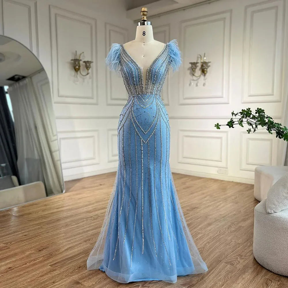 Luxury Dubai Blue Mermaid Evening Dress with Pearls and Feathers LA72578