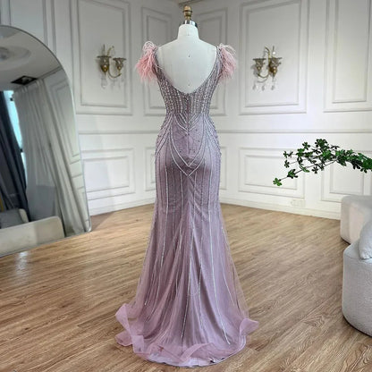 Luxury Dubai Blue Mermaid Evening Dress with Pearls and Feathers LA72578