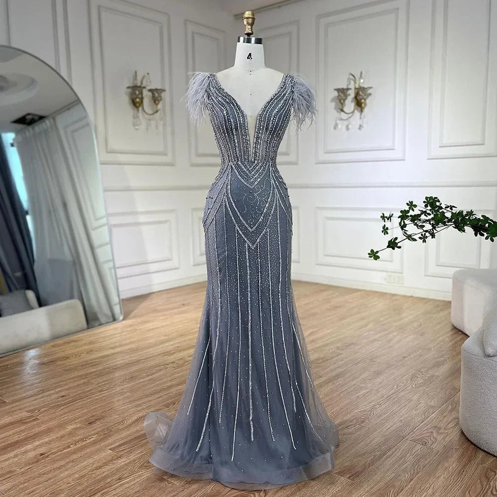 Luxury Dubai Blue Mermaid Evening Dress with Pearls and Feathers LA72578